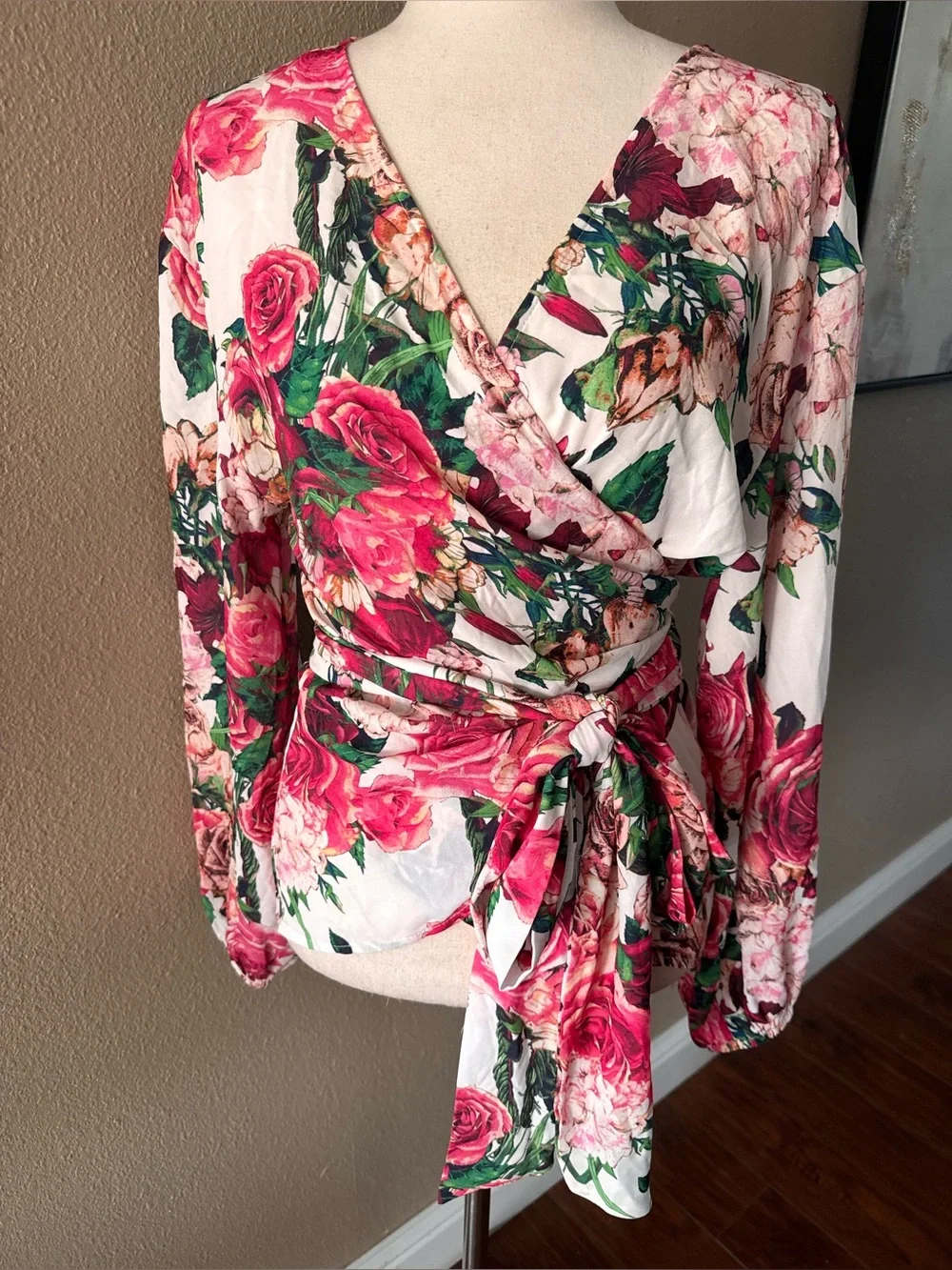 Jealous Tomato Floral Wrap Blouse in Ivory, Rose, Green